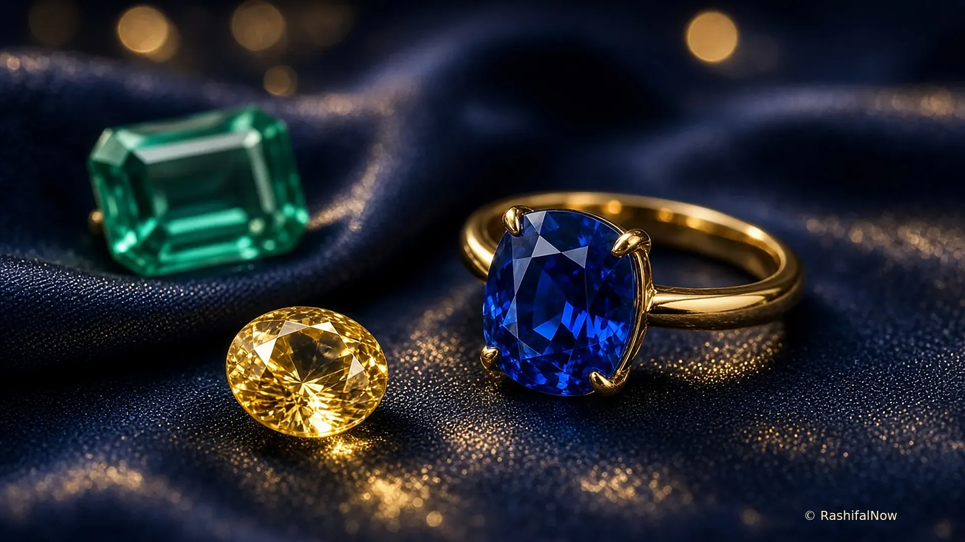 A blue sapphire ring beside a yellow sapphire and an emerald on navy silk