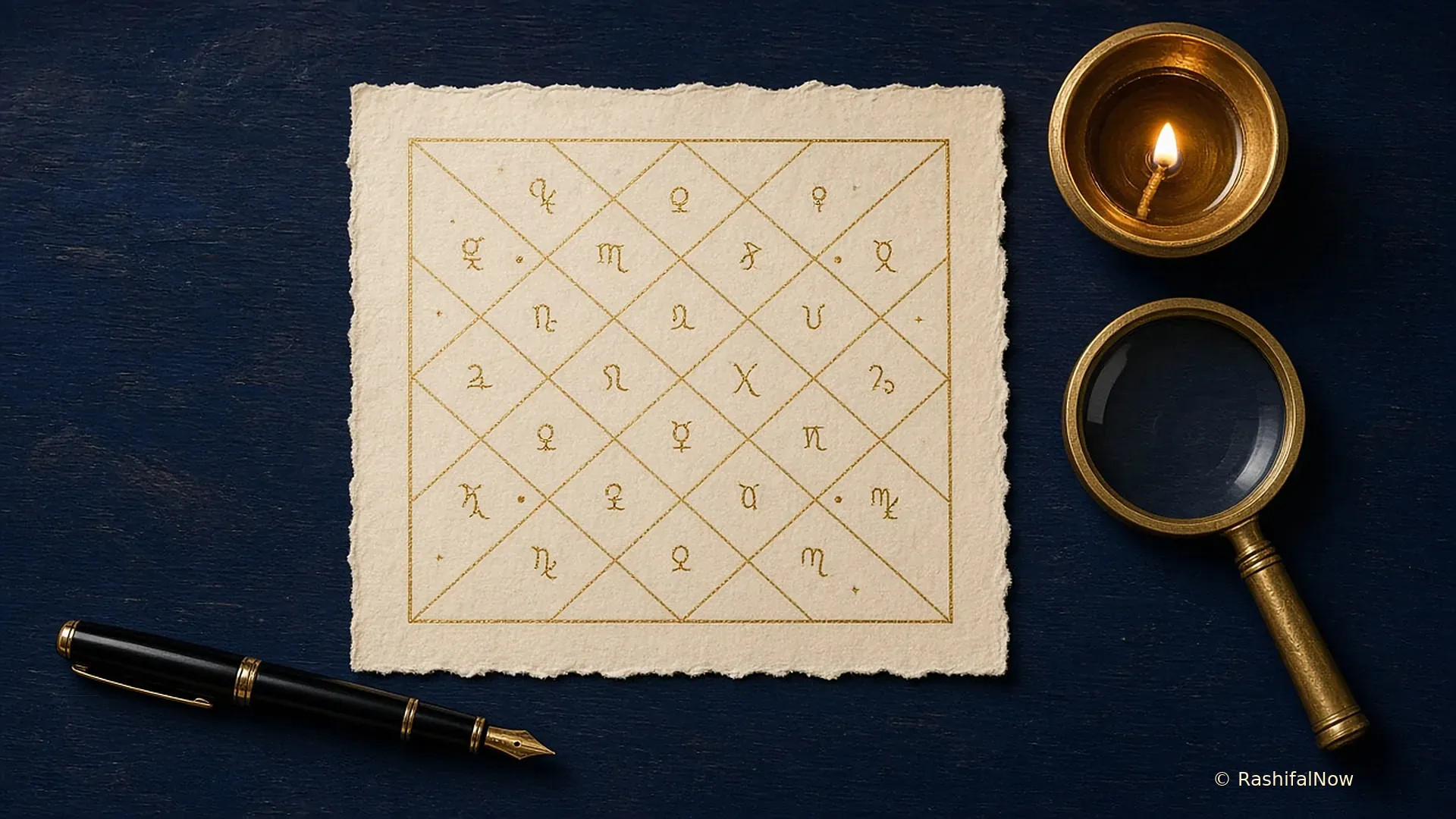 A gold-ink diamond-grid birth chart on handmade paper with a brass lamp, magnifier and fountain pen