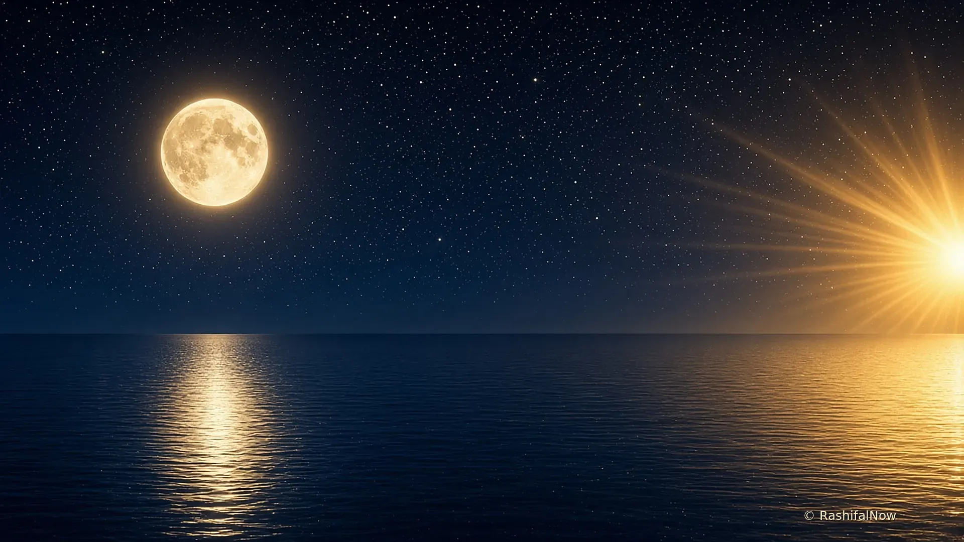 A full moon and a radiant golden sun facing each other across a starry sky above calm water