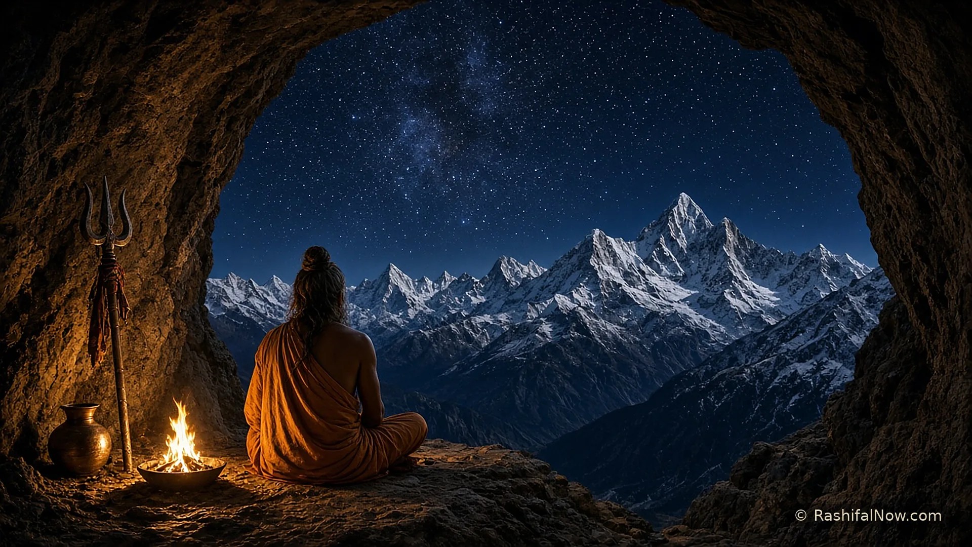 A rishi seated at the mouth of a mountain cave beside an oil lamp, looking out over snow peaks under a night sky
