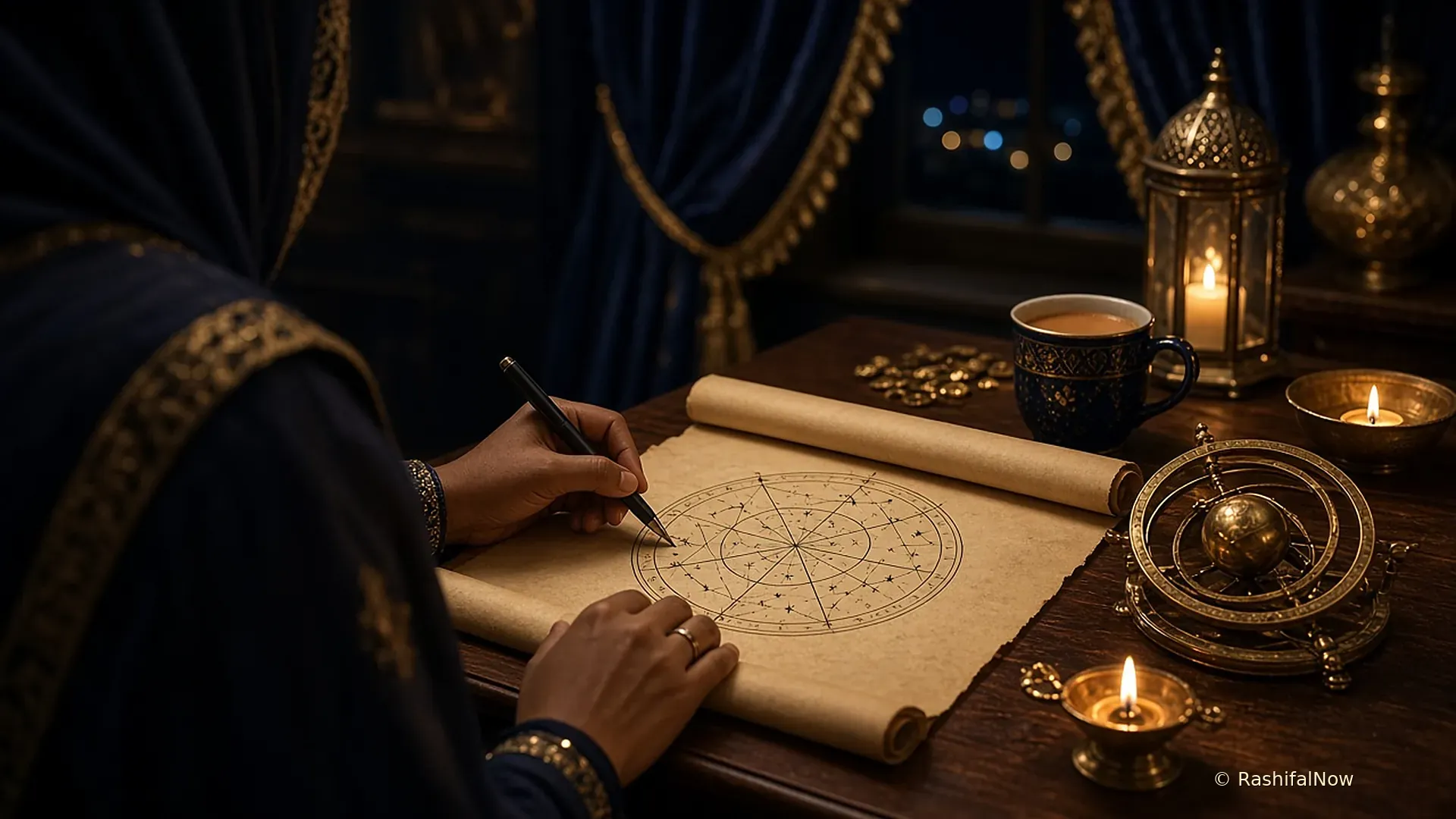 An astrologer's hands drawing a birth chart on a parchment scroll beside brass lamps and an astrolabe