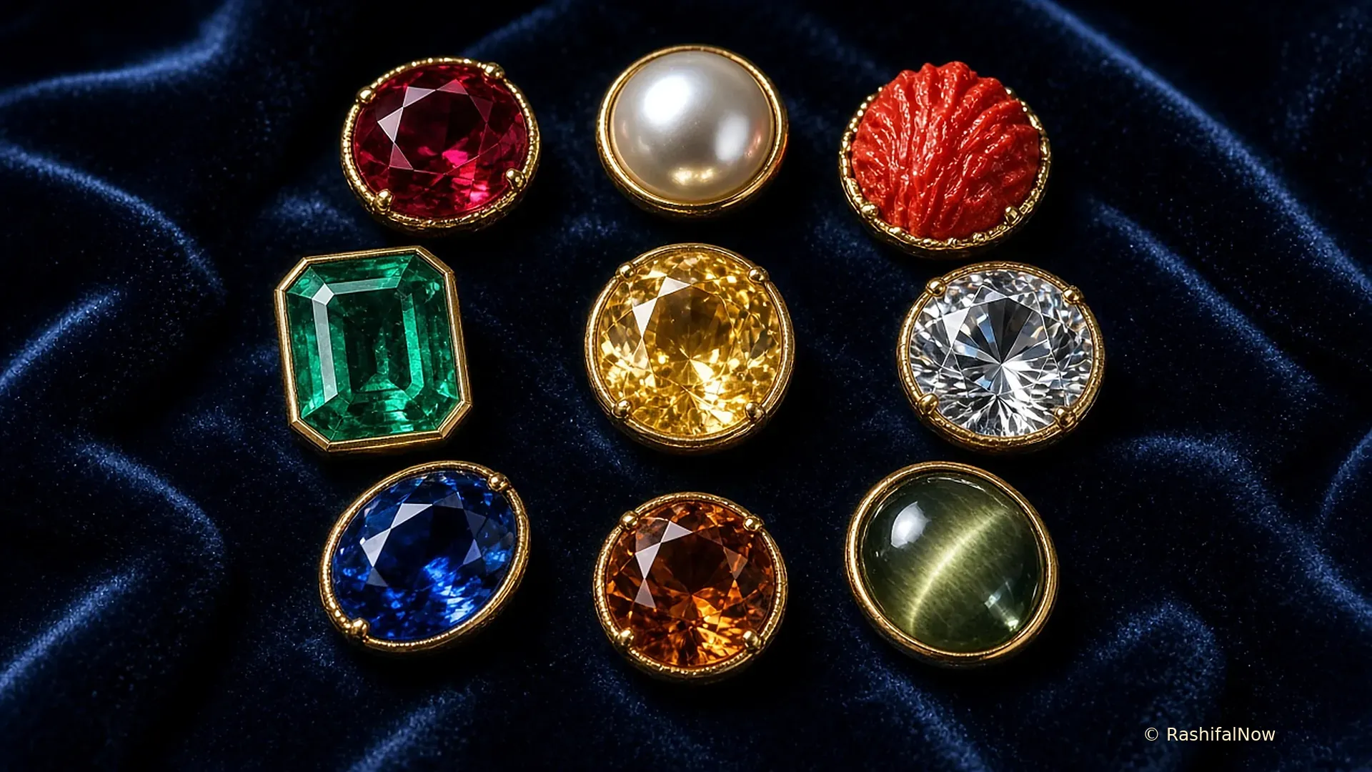 The nine planetary gemstones set in gold bezels on deep navy velvet
