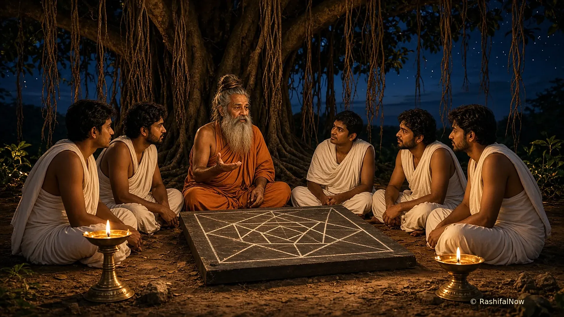 An elderly sadhu guru under a banyan tree explaining a kundli chart drawn on a board to five young disciples by lamplight