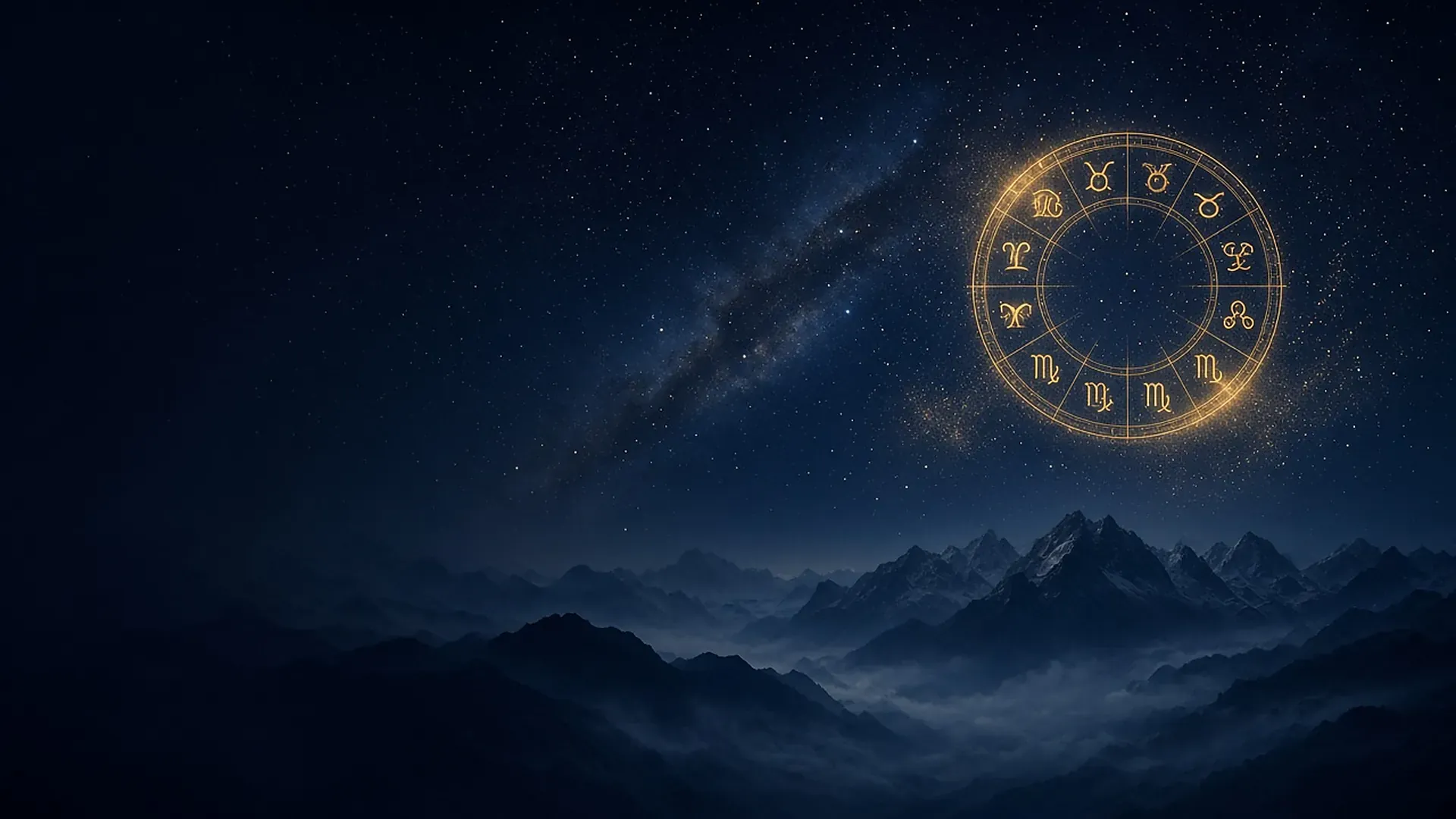 A deep navy night sky over misty mountains with a glowing golden zodiac wheel among the stars