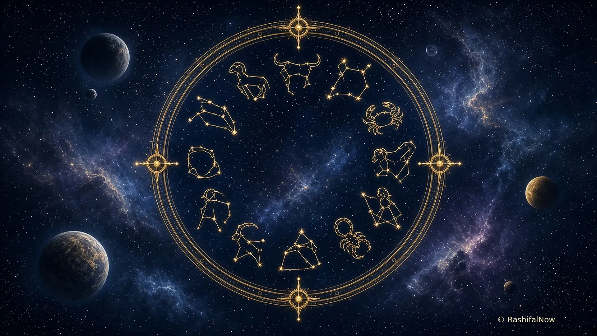 The twelve zodiac constellations traced in gold inside a celestial ring on a navy nebula sky