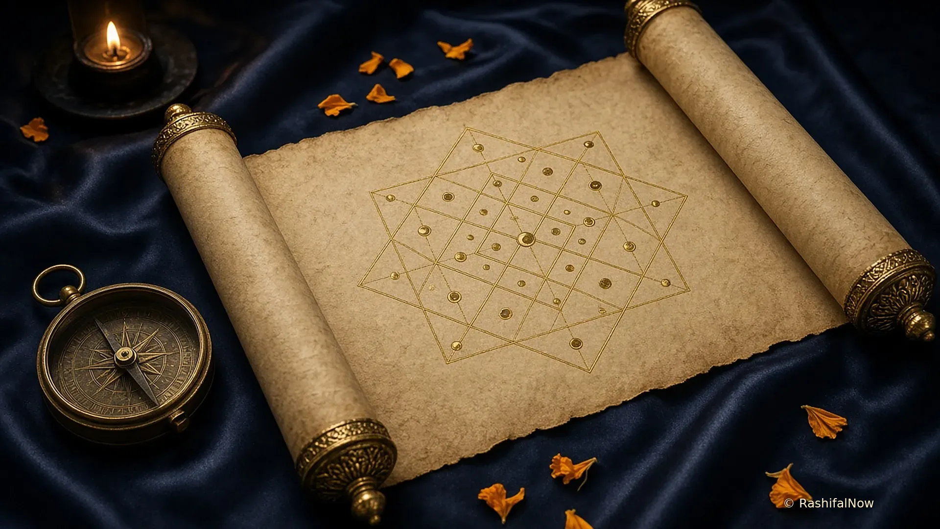 An unrolled parchment scroll showing a gold diamond-grid kundli chart on navy silk with a brass compass