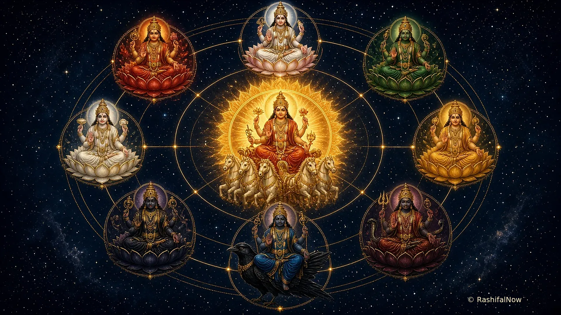 A devotional artwork of the nine Navagraha deities in a cosmic mandala, with Surya on his chariot at the centre against a starry sky