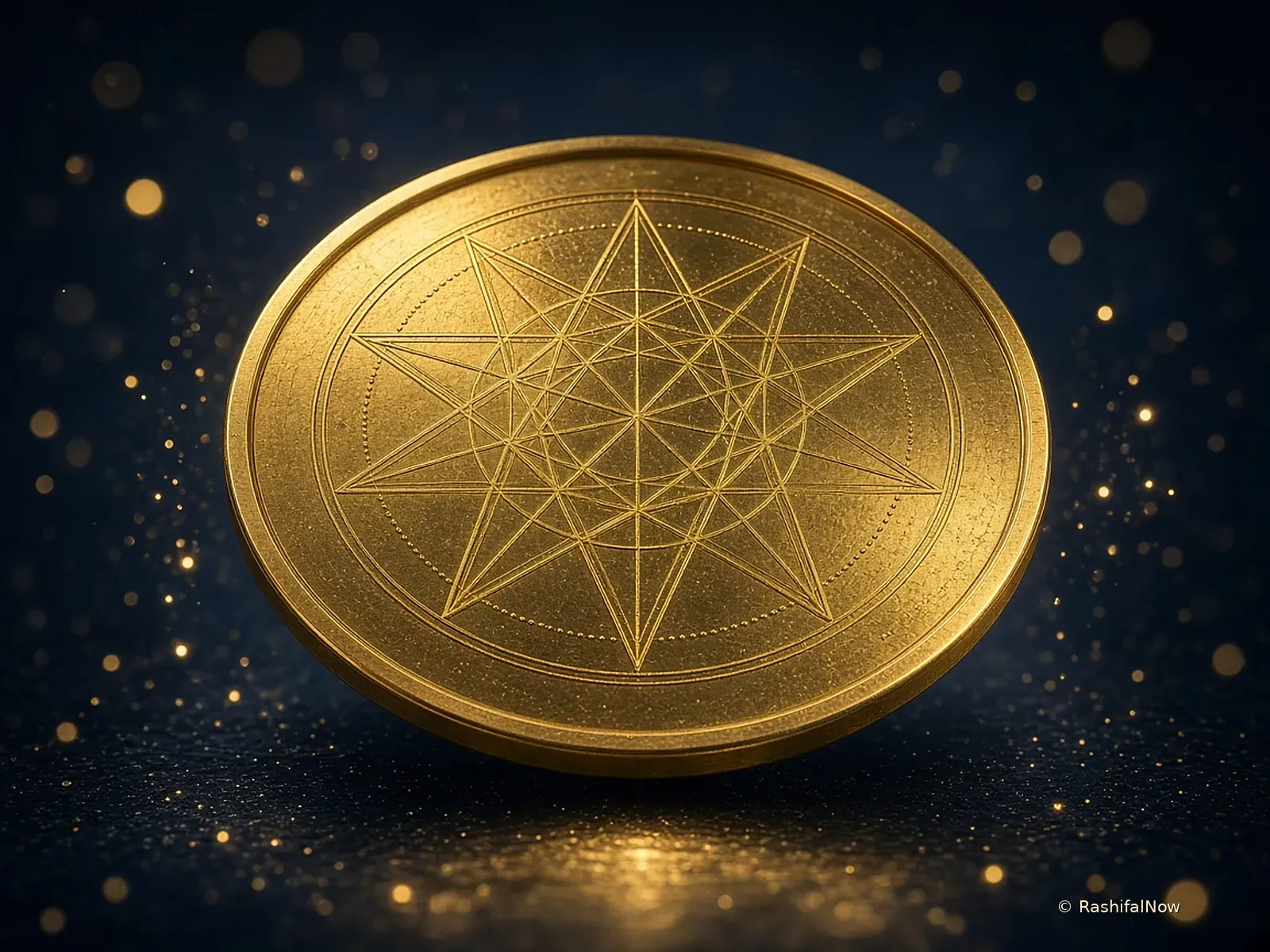 A golden disc engraved with sacred geometry and a nine-pointed star among floating gold light