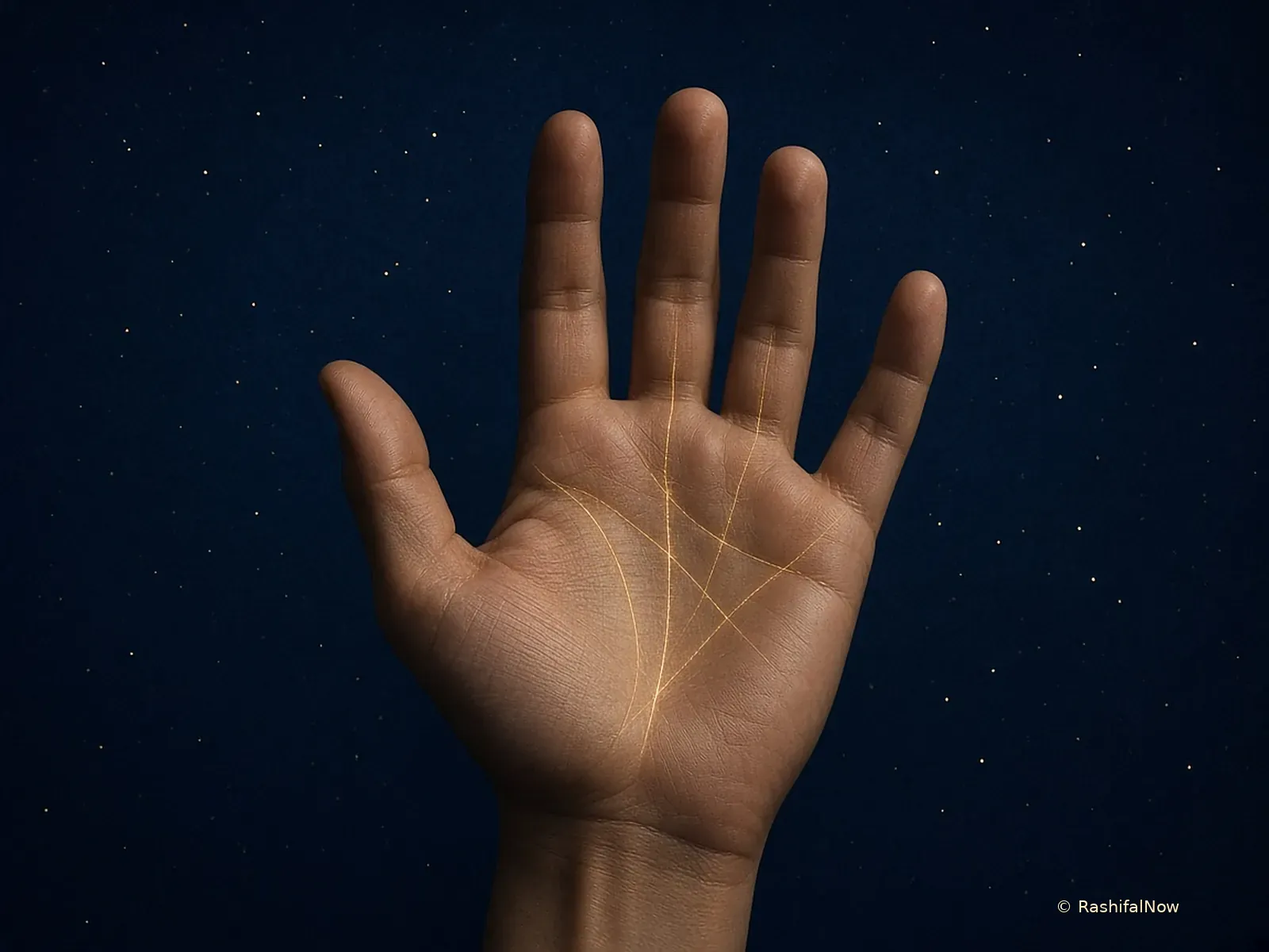 An open palm with its lines softly highlighted in gold against a starry navy background