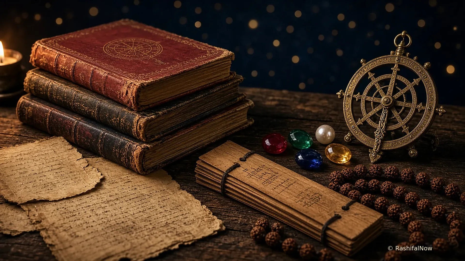 Old cloth-bound astrology books, palm-leaf manuscripts, rudraksha beads, gemstones and a brass astrolabe on a wooden table by candlelight