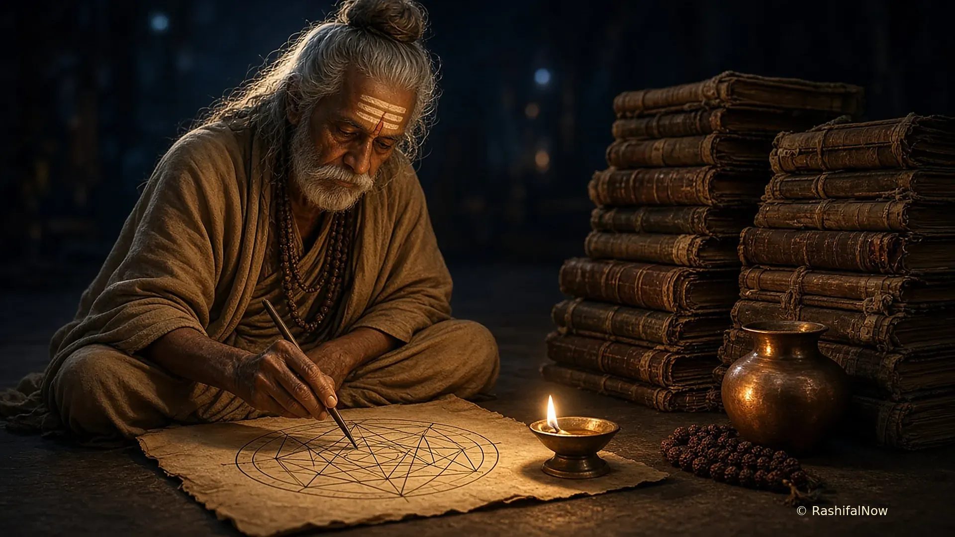 A sadhu drawing a geometric birth chart on parchment by the light of an oil lamp, with stacks of old manuscripts beside him