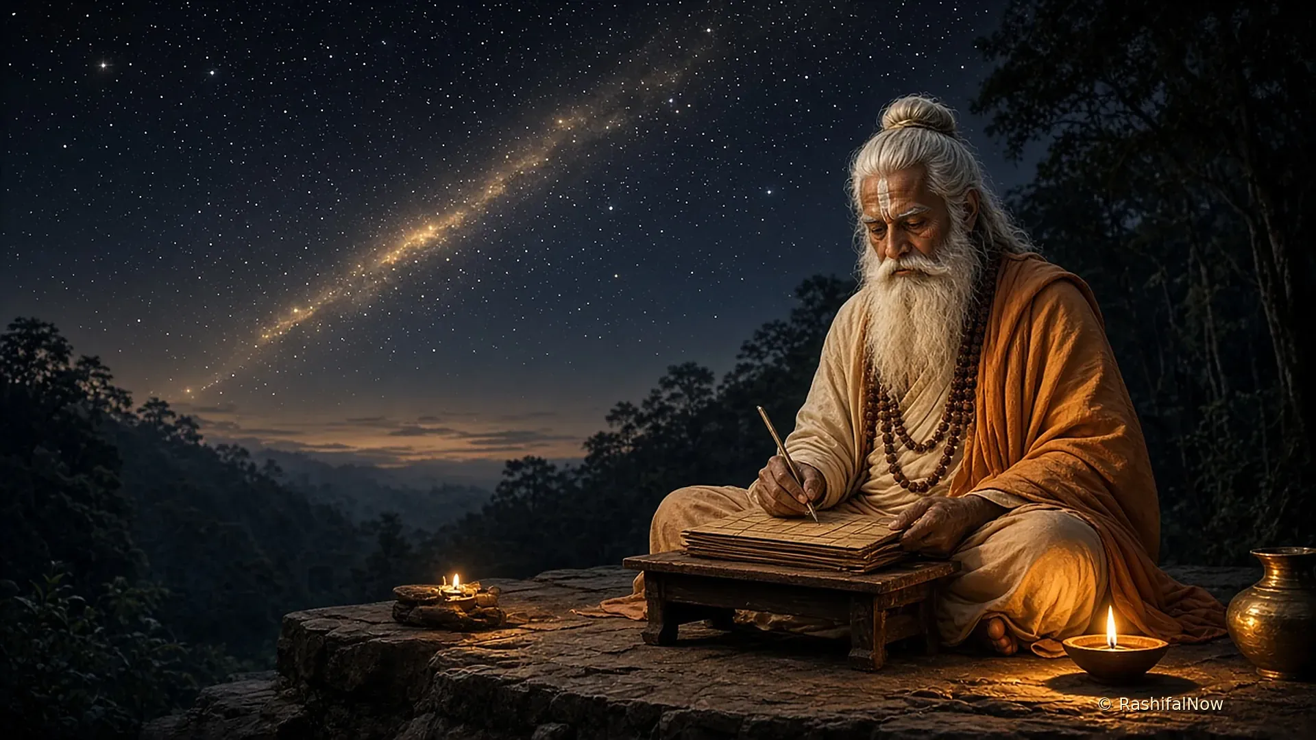 An elderly rishi with a long white beard and saffron robes writing on palm-leaf manuscripts in a forest ashram under a starry sky, lit by oil lamps