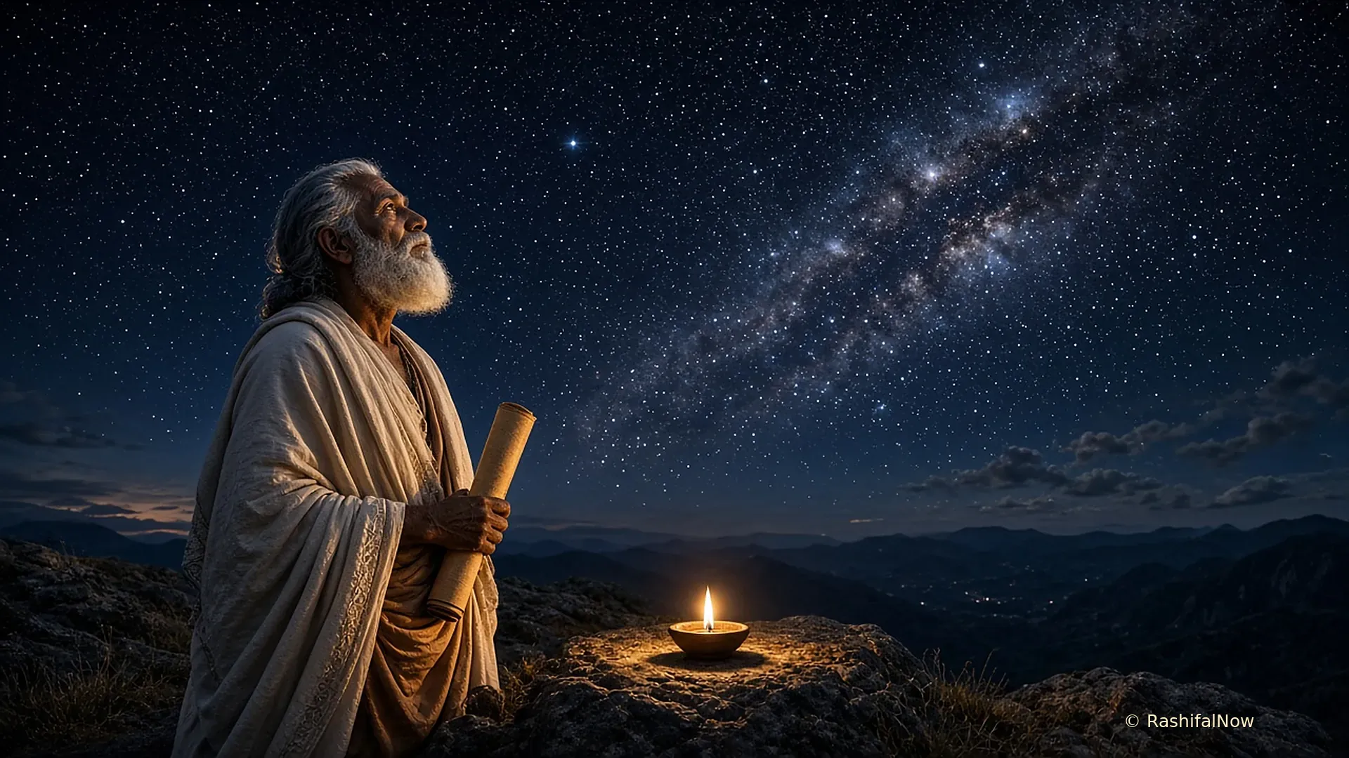 An elderly sage in a white shawl on a hilltop at night gazing up at the Milky Way, holding a rolled manuscript beside a lamp