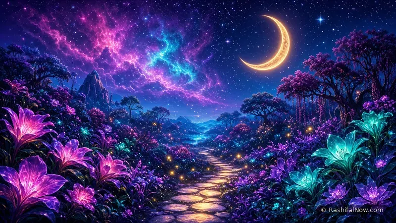 A glowing night garden of luminous flowers beneath a golden crescent moon