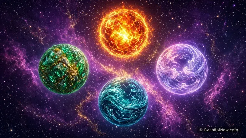 Four glowing orbs of fire, earth, air and water floating in a colourful nebula