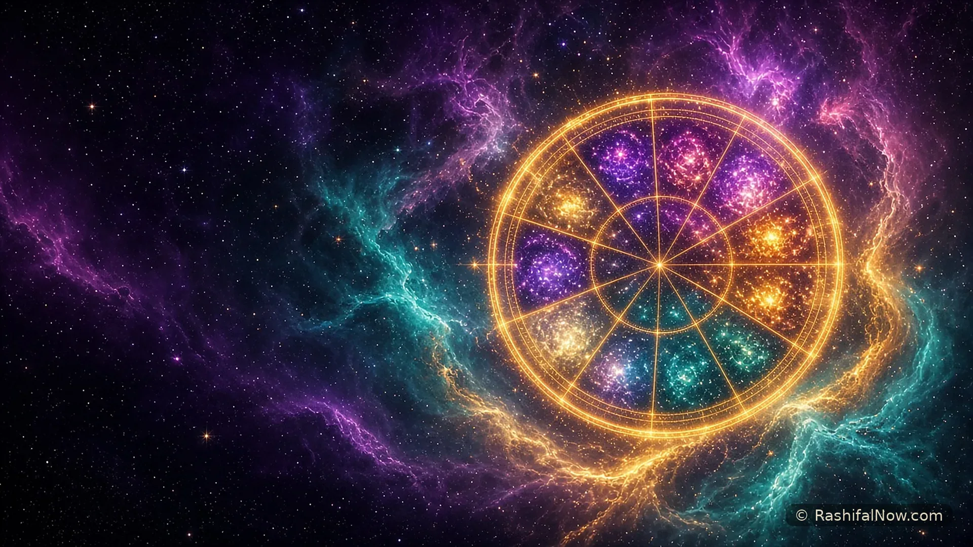 A glowing golden zodiac wheel floating in a violet and teal nebula, scattered with stars