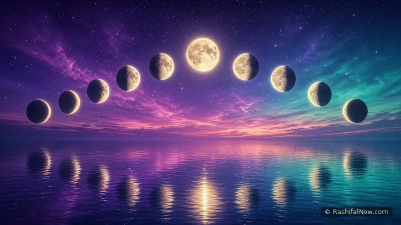 An arc of moon phases from crescent to full rising over a calm violet and teal ocean that mirrors the light