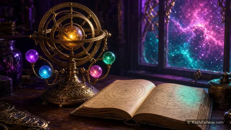A brass armillary sphere with jewel-like planets beside an open star atlas, under a window full of galaxies