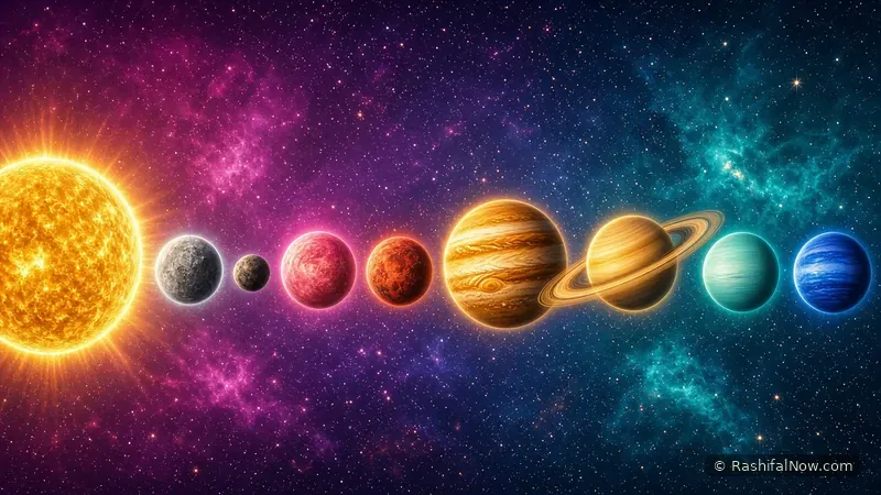 The Sun and a row of glowing planets across a magenta-to-teal sky