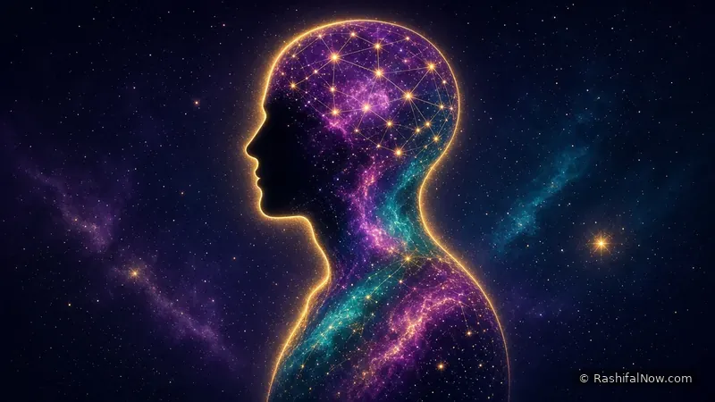 Profile silhouette of a person filled with a swirling galaxy, linked by glowing constellation lines
