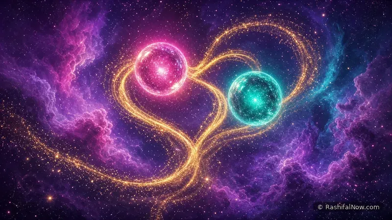 A magenta orb and a teal orb joined by a swirl of golden stardust shaped like a heart